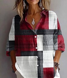 economico -Per donna Camicia Grafico Geometrico Plaid Vintage Quotidiano Elegante Manica Lunga Colletto a Camicia Top Regolari Lavoro Quotidiano Ferie Bottoni Stampato Vino Blu turchese Viola Estate Primavera