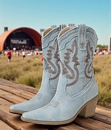 baratos -Botas de cowboy femininas estilo western jeans - botas vintage de salto médio, bico fino e salto bloco bordado, estilo cowgirl americano clássico para festivais de música country e festas de rodeio