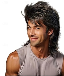 economico -Parrucca mullet nera anni '80 da uomo, parrucca punk rocker, capelli lunghi per feste quotidiane, costumi di Halloween