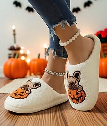 levne -Dámské fleecové pantofle na Halloween s motivem francouzského buldočka a dýně - útulné plyšové domácí boty pro dámy a teenagery, ideální na podzim, jako vánoční dárek a pohodlné lenošení.