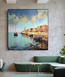 economico -Dipinto a olio fatto a mano su tela, decorazione da parete, paesaggio di città costiera, porto marittimo d'epoca, per la decorazione della casa, dipinto arrotolato senza cornice e non allungato.