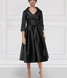 levne -áčkové šaty s portrétním límcem, strečový taft, elegantní, jednoduché, minimalistické, výstřih do V, délka ke kolenům, midi délka, 3/4 rukávy s mašlí/mašlemi, skladání 2025