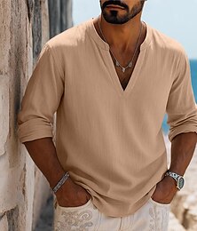 economico -Per uomo Camicia Camicia di lino Stile vichingo Camicia Estiva Abbigliamento da spiaggia Semplice Vacanza Streetwear Verde Beige Manica Lunga Scollo a V Estate Primavera Abbigliamento