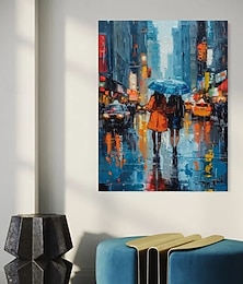 abordables -Peinture à l'huile sur toile peinte à la main, paysage urbain pluvieux, peinture acrylique faite à la main, art mural, peinture à l'huile sur toile peinte à la main ...