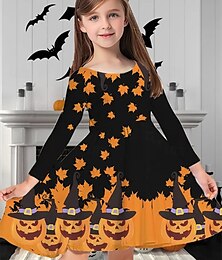 billige -Halloween Jenter' 3D Halloween-gresskar Kjole Langermet Sommer Vår Feriereise Daglig Ferie Prinsesse Vakker Søt Barn 4-12 år Uformell kjole Kjole med A-linje Knelang Normal
