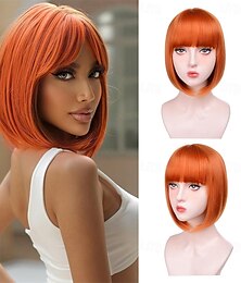 economico -Parrucche corte con frangia - Parrucca liscia per donna, parrucca sintetica da 12 pollici, capelli rossi, in fibra resistente al calore, look naturale ed elegante, adatta per feste di cosplay