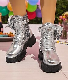 abordables -Botas de combate con lentejuelas plateadas para mujer: botines con plataforma y cordones brillantes para fiestas nocturnas y clubes.