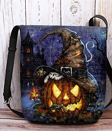 preiswerte -Damen-Umhängetasche mit Halloween-Kürbismotiv – Hexenhut und Katzenaufdruck, verstellbarer Riemen, leichte beflockte Umhängetasche, perfekt für Feiertagspartys und „Süßes oder Saures“-Veranstaltungen