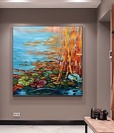 お買い得  -ミントゥラの手作り蓮の油絵キャンバス壁アート装飾モダンな抽象的な花の絵家の装飾のための巻かれたフレームなしの未延伸絵画