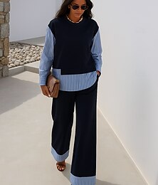 economico -Per donna Elegante Vintage Quotidiano Set di Pantaloni Manica Lunga Girocollo A righe Patchwork Vacanza Lavoro Casuale Blu Primavera Vestibilità comoda
