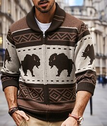 abordables -Hombre Pulóveres Chaqueta de Punto Suéter Fair Isle Estriado Tejer Tops regulares De Punto Geométrico Redonda Vacaciones Moda Casual Ropa Cotidiana Ropa Invierno Marrón M L XL