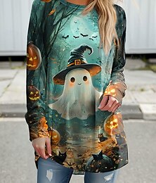 baratos -Halloween Mulheres Camiseta Gráfico Geométrica Vintage à moda Clássico Manga Longa Gola Redonda Tops regulares Diário Imprimir Verde Sage Roxo Verde Primavera Outono