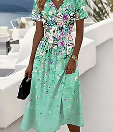 ieftine -Paște Pentru femei Rochii Midi Rochie Slip Vacanță Casual Stiluri de Plajă Ieșire Plajă Fit regulat Floral Grafic Manșon scurt În V Albastru piscină Mov Portocaliu Trifoi Vară Primăvară