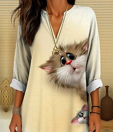 economico -Per donna Top estivi Grafico Animale Gatto Vintage Tropicale Hawaiano Manica Lunga Scollo a V Top Regolari Quotidiano Ferie Abbigliamento mare Stampato Giallo Rosso Arancione Albicocca Estate