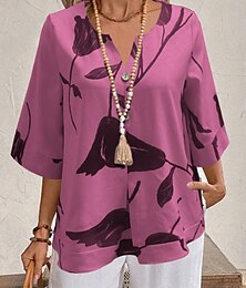 abordables -Mujer Camisa Floral Elegante Moderno Manga 3/4 Escote en Pico Tops regulares Diario Festivos Estampado Blanco Amarillo Rojo Morado Azul claro Verano