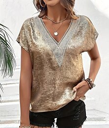 ieftine -Pentru femei Tricou Simplu Modă Modern Manșon scurt În V Topuri obișnuite Zilnic Paiete Peteci Auriu Vară