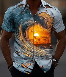 preiswerte -Herren Optische Täuschung Ozean Sonnenuntergang Hemd Sommerhemd Knopfhemd Kurzarm Hawaiianisch Ferien Streetwear Sommer Frühling Umlegekragen 3D-Druck Hemden mit Kragen Blau 1# Blau