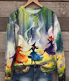 baratos -Mulheres camisolas Gráfico Bruxa Casual Manga Longa Gola Redonda Tops regulares Rua Imprimir Laranja Verde Outono Inverno