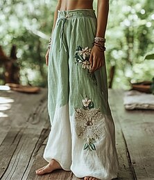 baratos -Mulheres Perna larga Calças Calça Palazzo Moda Boho Comprimento total Cintura Alta Flor Cintura elástica Com Cordão Imprimir Respirabilidade Confortável Rua Roupa Diária Para Noite Verde Primavera