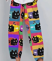 economico -Per donna Pantaloni Eleganti Vacanza Vintage Stile Etnico Lunghezza alla caviglia Vita Alta Grafico Animale Gatto Fascia Elastica Comodo Traspirabilità Morbido Inelastico All'aperto Streetwear