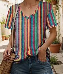 economico -Per donna Maglietta Grafico Geometrico A righe Vintage Elegante Classico Manica Corta Scollo a V Top Regolari Quotidiano Stampato Giallo Rosa Blu Viola Arcobaleno Estate Primavera