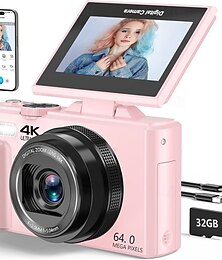 olcso -4k digitális kamera fotózáshoz, 64 megapixeles vlogoló kamera YouTube-hoz, 3180 fokos kihajtható képernyővel, 18x digitális zoommal, 32 GB-os micro SD-kártyával kezdőknek.