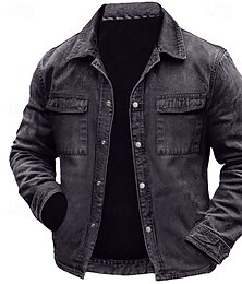 abordables -Hombre Chaqueta ligera Chaqueta de mezclilla Chaqueta de tarea Formal Hogar Bolsillo Invierno Primavera & Otoño Todas las Temporadas Color sólido Retro Antiguo Casual Cuello Camisero Regular Negro