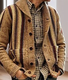 abordables -Hombre Pulóveres Chaqueta de Punto Estriado Tejer Tops regulares Abotonar Geométrico Redonda Vacaciones Moda Casual Ropa Cotidiana Ropa Invierno Color Caquí M L XL