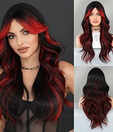 economico -Parrucca lunga ondulata con mèches rosse e nere, 26 pollici, sintetica, resistente al calore, con radici scure, per donne, per feste di Halloween e cosplay.