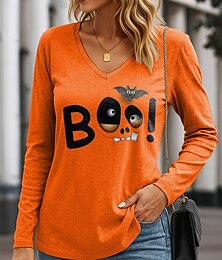 levne -Halloween Dámské Tričko Grafika Písmeno předvečer Všech svatých Elegantní Vinobraní stylové Dlouhý rukáv Do V Běžné topy Denní Jdeme ven Víkend Tisk Vodní modrá Fialová Oranžová Trávová zelená Jaro