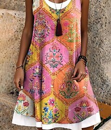 billige -Dame Midikjole Solkjole Kjole med A-linje Off The Shoulder-kjole Ferie Fritid Bohem Daglig Løstsittende Blomstret Grafisk Paisly Ermeløs Crew-hals Oransje Beige Sommer Vår Høst