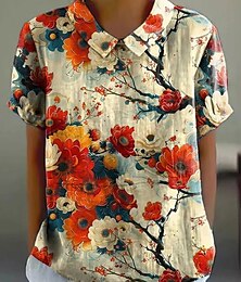 ieftine -Pentru femei Cămașă Floral Zilnic Casual Manșon scurt Guler Cămașă Topuri obișnuite Zilnic Concediu Nasturi Imprimeu Roșu-aprins Mov Vară Primăvară