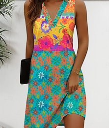 abordables -Femmes Mini Robe Robe d'Été Robe fourreau Vacances Occasionnel Quotidien Coupe régulière Fleuri Graphique Sans manches Col en V Jaune Rouge Bleu Vert Été Printemps