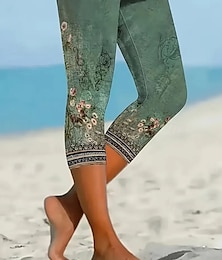 abordables -Femmes Leggings Vacances ancien Style Ethnique Longueur mollet Taille haute Fleuri Graphique Respirant Séchage Rapide Doux Élastique Extérieur Vacances Décontracté Vert Été Printemps Coupe Slim