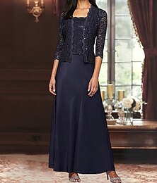 abordables -Ligne A Trois Pièces Robe de Mère de Mariée  Élégant Simple Luxueux Col carré Longueur au sol Satin Dentelle Manche 3/4 avec Dentelle Paillettes 2025