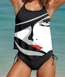 billige -Dame Badetøy Tankini 2 stk Frekk Badedrakt Åpen rygg Ferie Strand Klær Grafisk Fargeblokk Grimehals Ermeløs Badedrakter