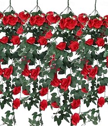 billiga -4-pack konstgjorda röda rosenrankor med gröna blad, realistiska hängande blommor för bröllop, juldekoration, inomhus utomhus hem trädgård konstgjorda blomstergirlanger