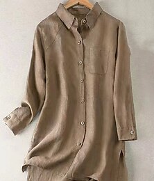 economico -Per donna Camicie di cotone e lino Tinta unica Elegante Essenziale Casual Manica Lunga Colletto a Camicia Top lunghi Quotidiano Bottoni Bianco Verde militare Cachi Estate Autunno