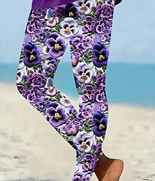 abordables -Mujer Polainas Vacaciones Vintage Estilo Étnico Longitud total Alta cintura Floral Graphic Impresión 3D Secado rápido Transpirabilidad Suave Elástico Exterior Hogar Casual Rojo rubí Blanco / Blanco