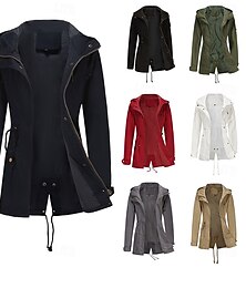 abordables -Mujer Abrigo Cómodo Full Zip Correa Moda Estilo callejero Plano Exterior Casual Diario Largo Con Capucha Ajuste regular Manga Larga Ropa de calle Negro Blanco Burdeos Primavera Otoño