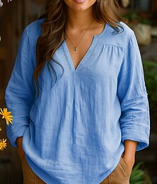 abordables -Femmes Chemise Uni Quotidien manche longue Col en V Hauts Réguliers Travail Fête Froncé Jaune Rose Claire Bleu Violet Printemps Automne