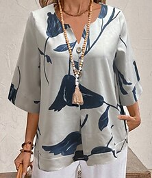 abordables -Mujer Camisa Floral Elegante Moderno Manga 3/4 Escote en Pico Tops regulares Diario Festivos Estampado Blanco Amarillo Rojo Morado Azul claro Verano