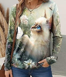 baratos -Mulheres Camiseta Floral Gráfico Gato Vintage à moda Clássico Manga Longa Gola Redonda Decote Redondo Tops regulares Diário Final de semana Imprimir Verde Primavera Outono