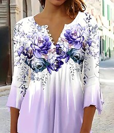 economico -Per donna Blusa Ombre Floreale Grafico Elegante Casual Manica 3/4 Scollo a V Top Regolari Quotidiano Uscire Bottoni Rosa Blu Viola Estate Primavera Autunno