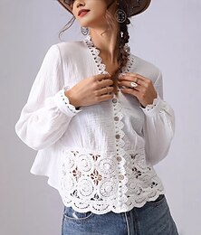 abordables -Chemise femme 100% coton unie élégante bohème vintage manches longues col V hauts réguliers quotidien vacances sortie dentelle blanc cassé-blanc été printemps automne