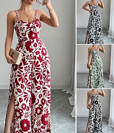 abordables -Mujer Normal Mono Elegante Floral Sin Mangas Perneras anchas Escote en Pico Alta cintura Estampado Vacaciones Diario Ajuste regular Negro Rojo Azul Marino Verano
