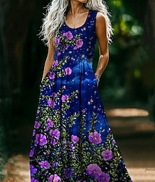 ieftine -Pentru femei Rochie Maxi Rochie plisata Vacanță Casual Boho Petrecere Ieșire Plajă Fit regulat Floral Grafic Fără manșon În U Roz Îmbujorat Roșu Vin Maro Deschis Albastru piscină Vară Primăvară