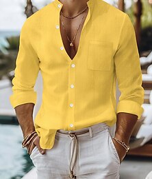 voordelige -Voor heren Overhemd Linnen overhemd Zomer overhemd Strand Kleding Overhemd met knopen Effen Vakantie Dagelijks Zwart Wit Geel Marineblauw Lange mouw Band Kraag Zomer Lente zomer Kleding Zak