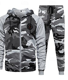 abordables -Hombre Sudadera Tracksuit Sudadera con capucha y cremallera completa Verde Ejército Caqui Gris Con Capucha camuflaje 2 Piezas Deporte Diario Festivos Poliéster Ropa de calle Básico Casual Primavera
