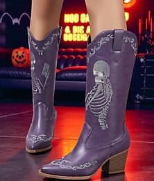 abordables -Botas vaqueras azules occidentales para mujer con bordado de esqueleto rosa: botas de media pantorrilla con tacón grueso para disfraz gótico de Halloween, ideal para cosplay, conciertos y festivales